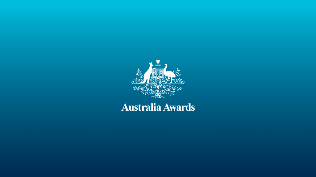 Australia Awards crest on blue gradient background