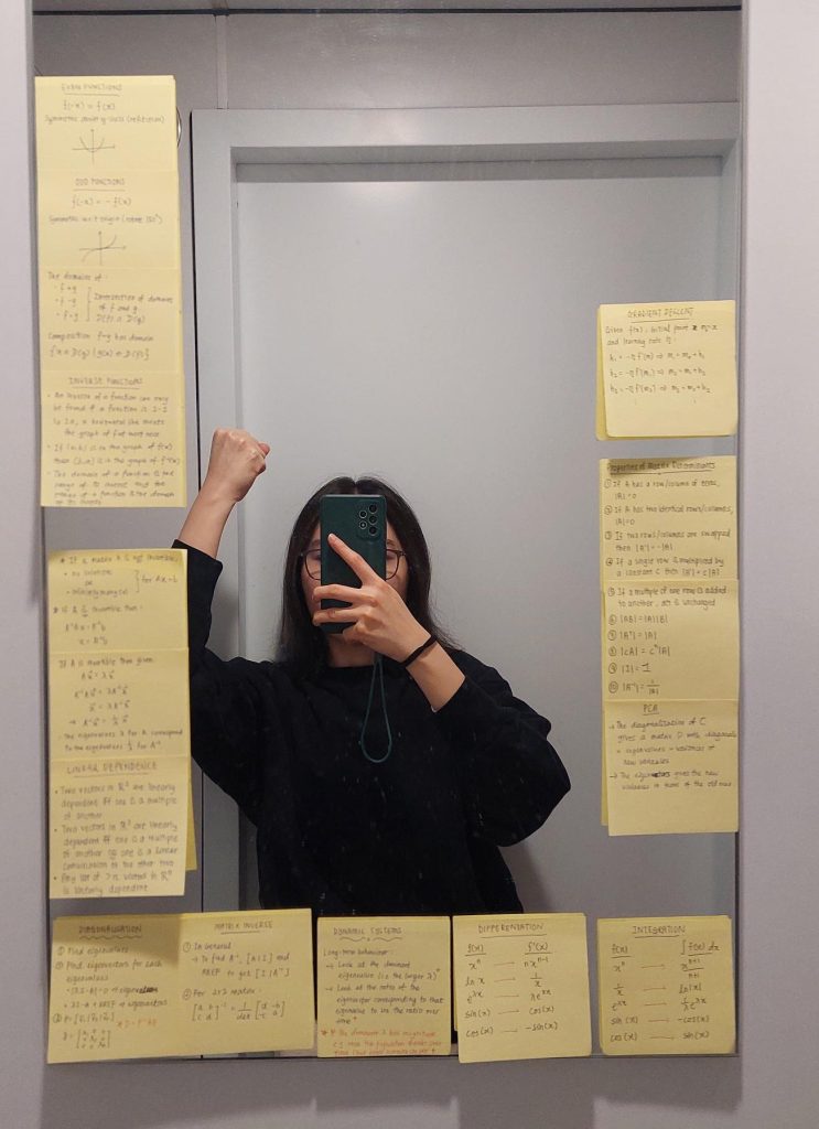 Li Ling takes a photo of her bathroom mirror covered in study notes on Post-it notes. She is in the photo but the phone covers her face and her fist is in the air in a sign of victory.